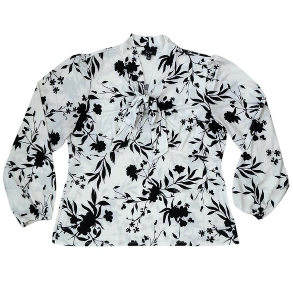 AUW Tie Front Blouse Long Sleeve Bold Floral Black White Women's Top Size XL - Picture 11 of 16